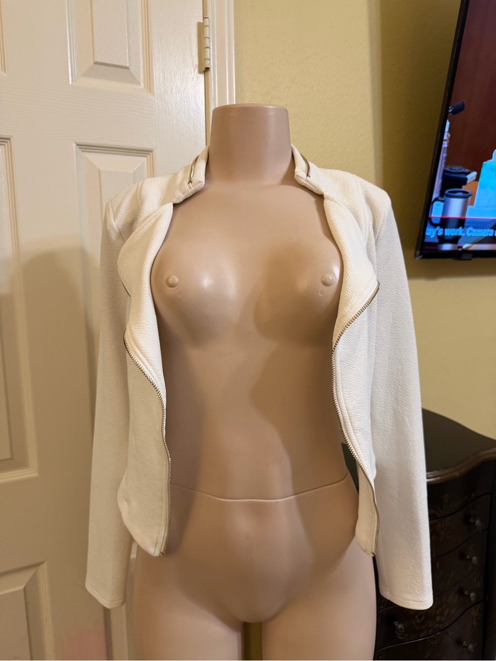 Michele Cream Open-Front Textured Blazer with Zipper Trim